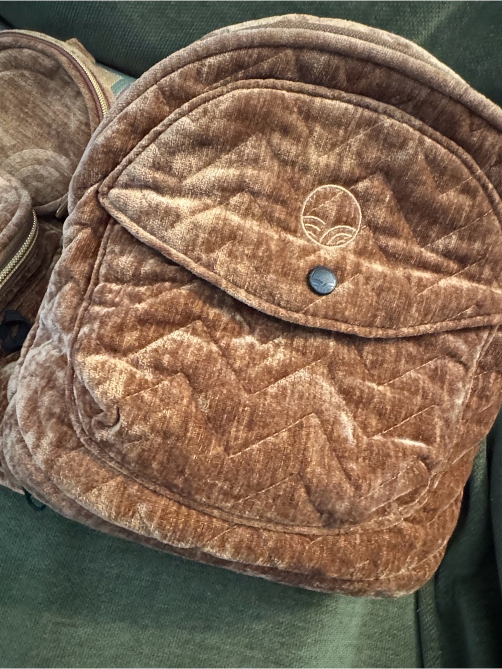 Quilted Brown Velvet Backpack with Front Flap Pocket